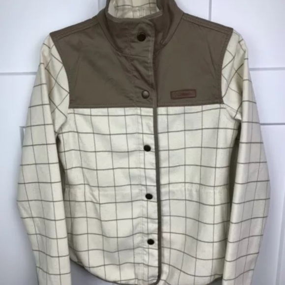 Columbia XS Shacket Snap Front Plaid Ivory Brown Flannel shirt Jacket Camping - Picture 2 of 5